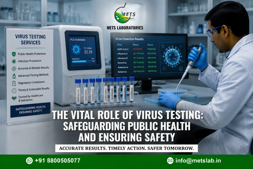 Microbiologist conducting virus testing services on biological samples in cleanroom laboratory